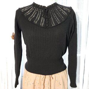 80's Vintage Cottagecore Edwardian Fine Merino Wool Knit Black Sweater